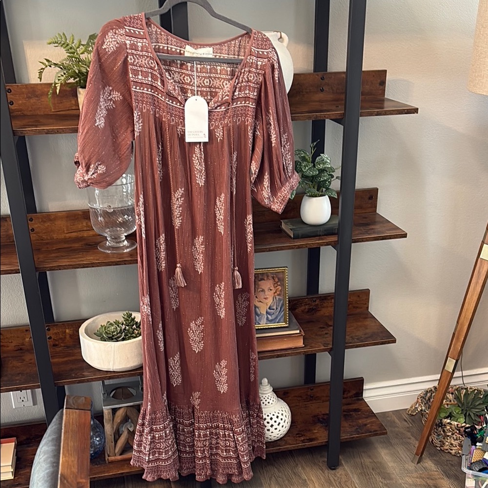 Bohemian Rust Maxi Dress with White Patterns